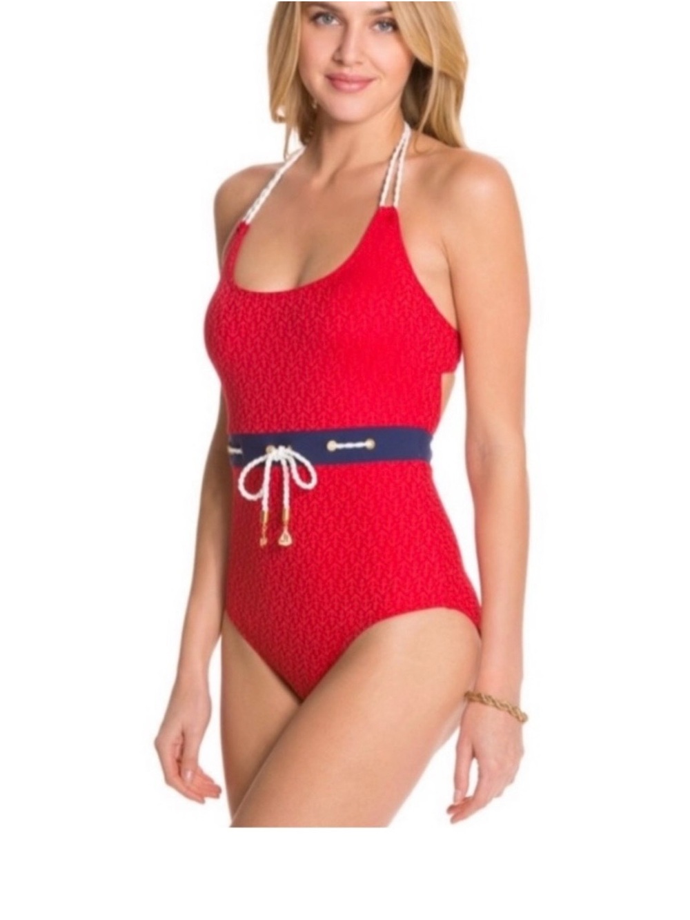 Sperry Red One-Piece Swimsuit with Navy Waistband and White Rope